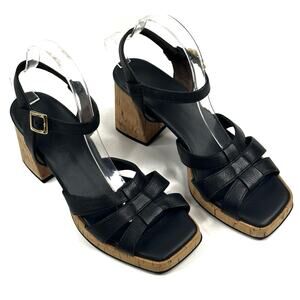 Paul Green Tina Black Leather Cork Heel Sandals Womens US 9.5 UK 7 Slingback